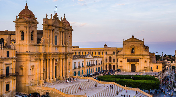 Noto, St Nicholas Cathedral (Noto Cathedral, Cattedrale di Noto) and Church of San Salvatore (Basilica San Salvatore) in Piazza del Municipio, Noto, Sicily, Italy, Europe. This is a photo of Noto, showing St Nicholas Cathedral (Noto Cathedral, Cattedrale di Noto) and Church of San Salvatore (Basilica San Salvatore) in Piazza del Municipio, Noto, Sicily, Italy, Europe.